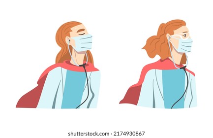 Doctor Hero with Female Medical Staff in Uniform and Superhero Red Cloak Vector Set