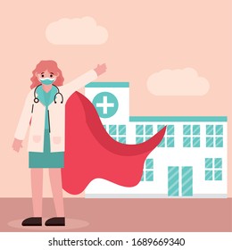 doctor hero, female physician with mask and cape at hospital.  Care vector illustration