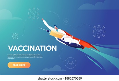 Doctor is Hero Holding Vaccine and Flying to Protect People by Fighting Against Covid-19 Corona Virus Prevent People from Getting Infected by Airborne Virus Represent By Cute Super Hero Character