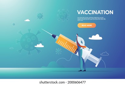 El médico es un héroe que contiene una vacuna para proteger a las personas luchando contra el virus Covid-19 Corona. Evitar que la gente se infecte por virus transportados por el aire presente por un personaje de super héroe lindo.