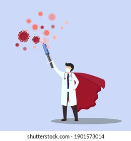 Doctor is a hero. Doctor with hypodermic syringe fighting COVID-19 virus.Hero doctor fighting corona virus symptoms. illustration, vector, Eps, flat design.