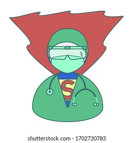 Doctor Hero Icon With A Stethoscope, Shirt Open To Show S Symbol And A Red Cape In Superhero Concept Fight To COVID-19 Or Coronavirus