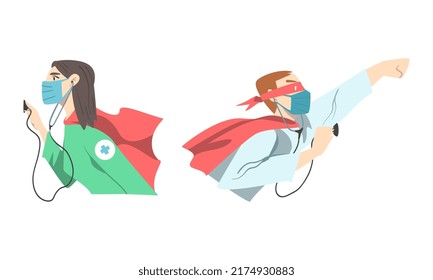 Doctor Hero with Male and Female Medical Staff in Uniform and Superhero Cloak Vector Set