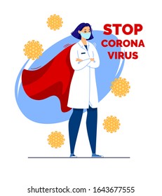 Doctor Hero em uma máscara e uma capa vermelha está na proteção contra vírus. A inscrição Stop Caronavirus. Ilustração vetorial plana dos desenhos animados.