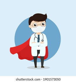 Doctor is a hero. Doctor hero in a mask and a red cloak. COVID-19 outbreak medical staff.illustration, vector, Eps, flat design.