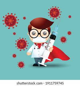 Doctor hero in a mask and a red cloak with syringe stands on the protection against viruses vector illustrator