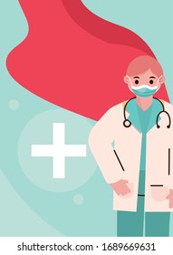 doctor hero, physician with stethoscope protective mask and waving cape, vector illustration