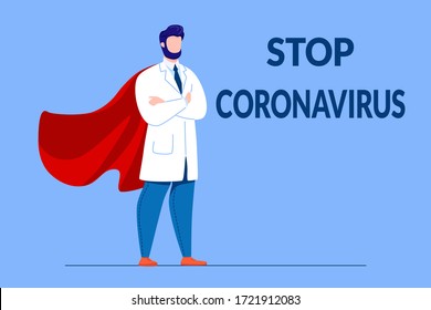 Doctor Hero Red Cloak Stand Protection Against Viruses. Vector Cartoon Illustration