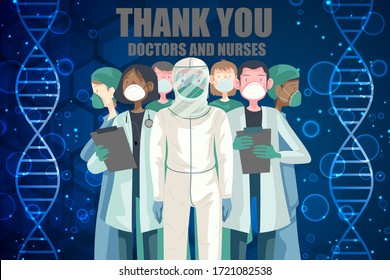 The doctor is a hero. Thank you, doctors, nurses, and all healthcare workers for working in the hospitals and fighting the coronavirus. vector illustration