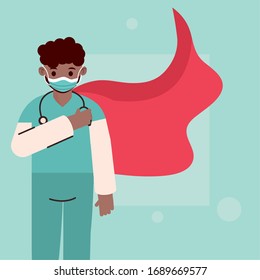 Doctor hero, young physician with mask, protective suit and cape vector illustration