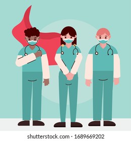 Doctor heros, group of physicians and practitioner characters. One wearing a cape, vector illustration.