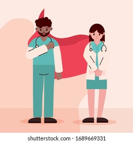 doctor heros, physicians female and male professional with capes characters, vector illustration