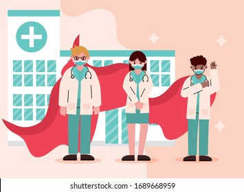 Doctor heros.  Physicians staff with capes at hospital. Vector illustration