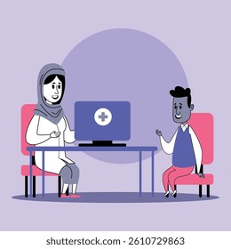Doctor in hijab seated at table with computer, engaging in friendly conversation with smiling child
