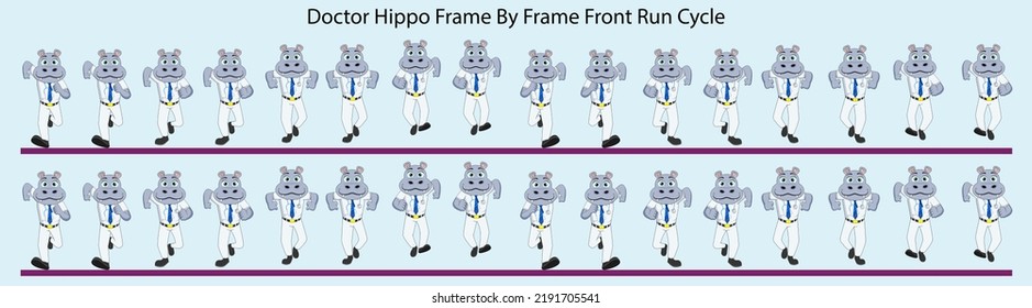Doctor Hippo Frame by Frame Front Run Cycle Vector Illustration. Design for Motion graphics, 2D Animation, Infographics, with light blue background