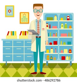 Doctor in his office flat design with young man in glasses and cabinets in background vector illustration 