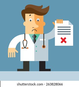 Doctor Hold Checklist With X Sign. Flat Vector Illustration.