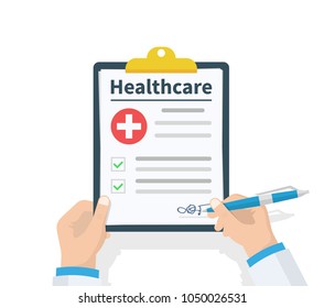 Doctor hold clipboard Healthcare and takes notes on it. Medical report. Checklist. Flat design, vector illustration on background. Best quality