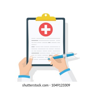 Doctor hold clipboard and takes notes on it. Medical report. Checklist. Flat design, vector illustration on background. Best quality