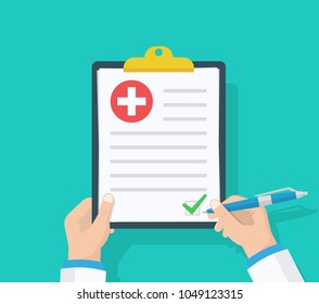 Doctor hold clipboard and takes notes on it. Medical report. Checklist. Flat design, vector illustration on background. Best quality