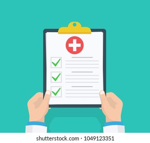 Doctor hold clipboard and takes notes on it. Medical report. Checklist. Flat design, vector illustration on background. Best quality