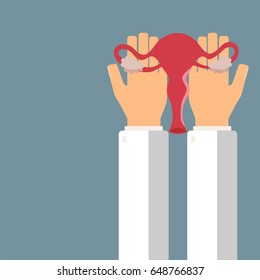 Doctor hold female uterus in hands. Transplantation or treatment uterus. Healthcare concept. Vector illustration.