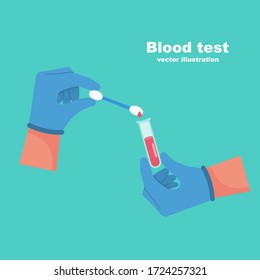 Doctor hold in hand sample blood in test tube. Laboratory research. Vector illustration flat design. Equipment for analysis. Blood donation. Coronavirus covid-19 test. Template medical landing page.