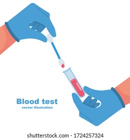 Doctor hold in hand sample blood in test tube. Laboratory research. Vector illustration flat design. Equipment for analysis. Blood donation. Coronavirus covid-19 test. Template medical landing page.