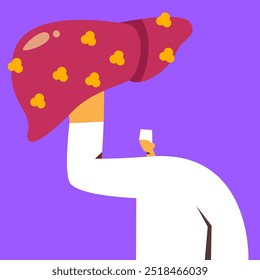 Doctor hold Liver full of fat. Fatty disease of the liver organ or Hepatosteatosis. Increased fat deposition in the liver. Warning about problematic organs. Flat vector illustration.