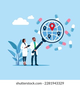 Doctor hold magnifying with of Globe and pills under. People's health is under the control of doctors. Modern vector illustration in flat style