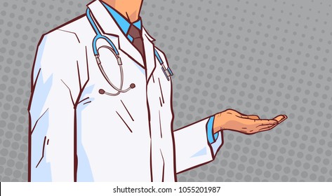 Doctor Hold Open Palm Hand To Copy Space Closeup Medical Male Prectitioner In White Coat Over Comic Retro Background