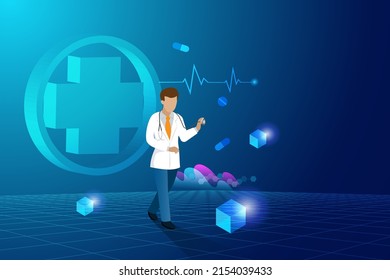 Doctor hold stethoscope diagnose and analyse patient health in 3D virtual reality environment interface. Medical and health insurance business.