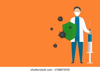 Doctor hold syringe and shield. COVID-19 treatment. Vector illustration.