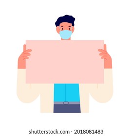 Doctor holding banner. Nurse caring medical blank poster, healthcare communication. Hospital report, medic with placard utter vector concept