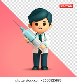 Médico segurando seringa grande, vetor 3d. Adequado para saúde e educação