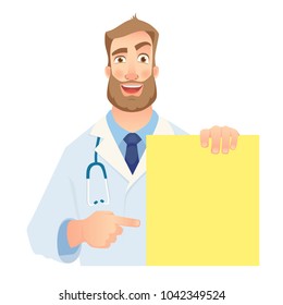 Doctor holding blank banner. Cheerful doctor vector illustration. Set