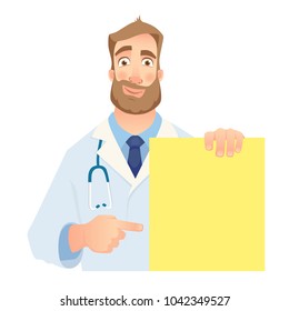 Doctor holding blank banner. Doctor with a stethoscope vector illustration. Set