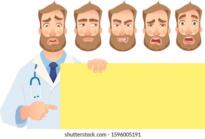 Doctor holding blank banner. Doctor vector illustration. Set