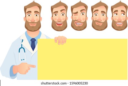 Doctor holding blank banner. Doctor vector illustration. Set