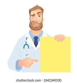 Doctor holding blank banner. Winking doctor vector illustration. Set