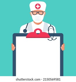 Doctor holding blank board in hands. Doctor in a protective medical mask on the face. Template for information. Precautions Covid 2019. Vector illustration flat design. Isolated on white background.