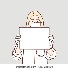 Doctor holding blank board in his hands. Masked doctor female personage presenting sign. Hand drawn style vector design illustrations.