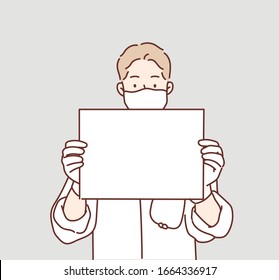 Doctor holding blank board in his hands. Masked doctor male personage presenting sign. Hand drawn style vector design illustrations.