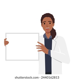 Doctor sosteniendo una tabla en blanco en sus manos. Personaje femenino médico presentando signo. Ilustración vectorial plana aislada sobre fondo blanco