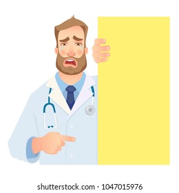 Doctor holding blank signboard. Crying doctor vector illustration. Set