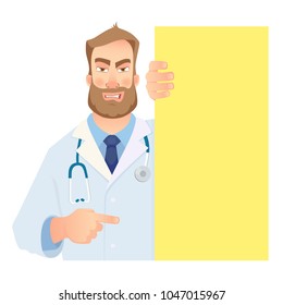 Doctor holding blank signboard. Evil doctor vector illustration. Set