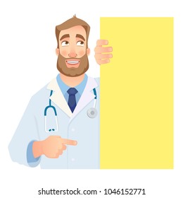 Doctor holding blank signboard. Funny doctor vector illustration. Set