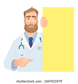 Doctor holding blank signboard. Offended doctor vector illustration. Set