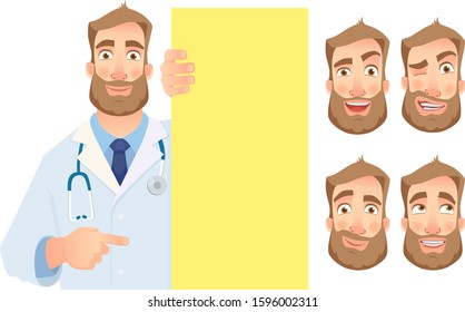 Doctor holding blank signboard - set. Doctor vector illustration.