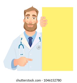 Doctor holding blank signboard. Smiling doctor vector illustration. Set